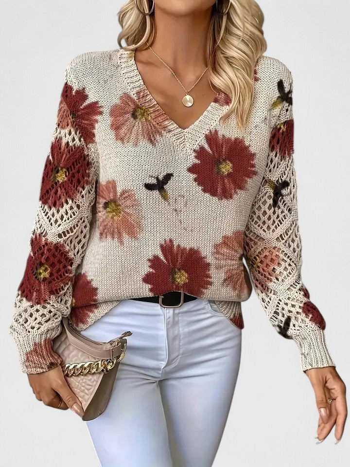 Pullover Damen | Blumenmuster & Häkelärmel
