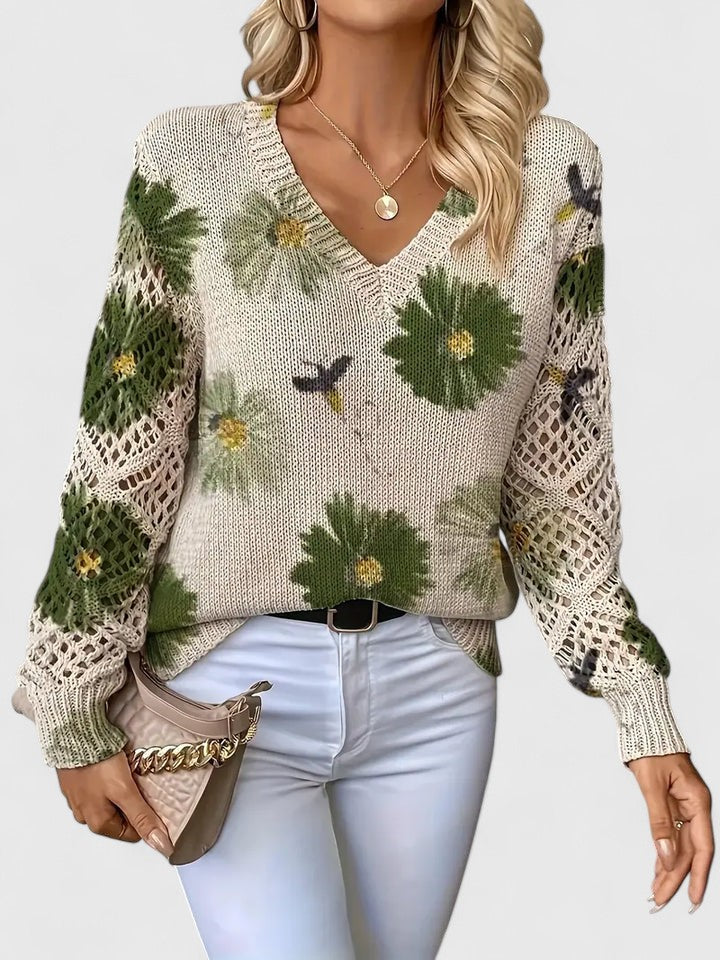Pullover Damen | Blumenmuster & Häkelärmel