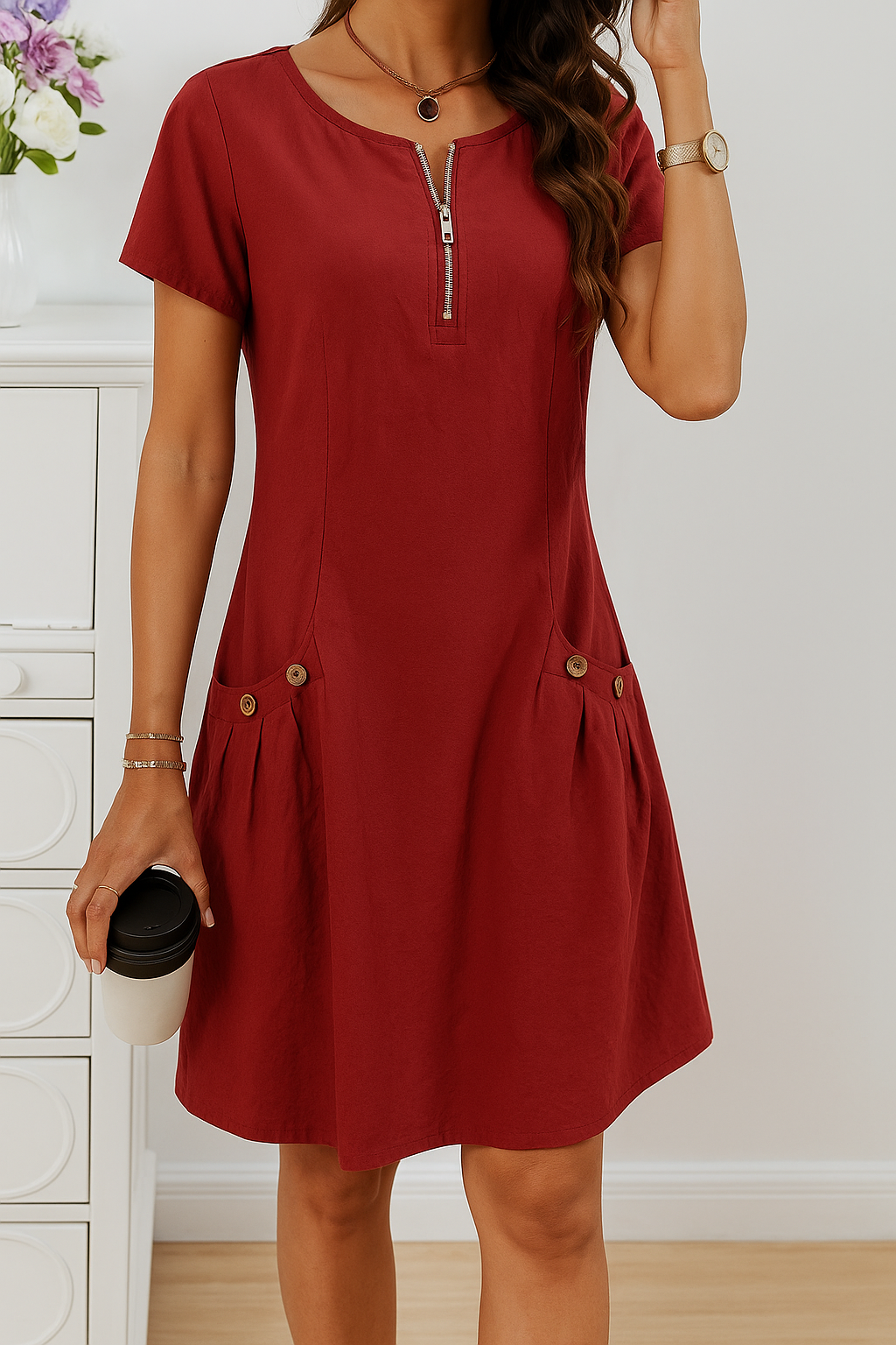 Rudina - Elegantes Kurzärmeliges Baumwollkleid Mit Taschen 4