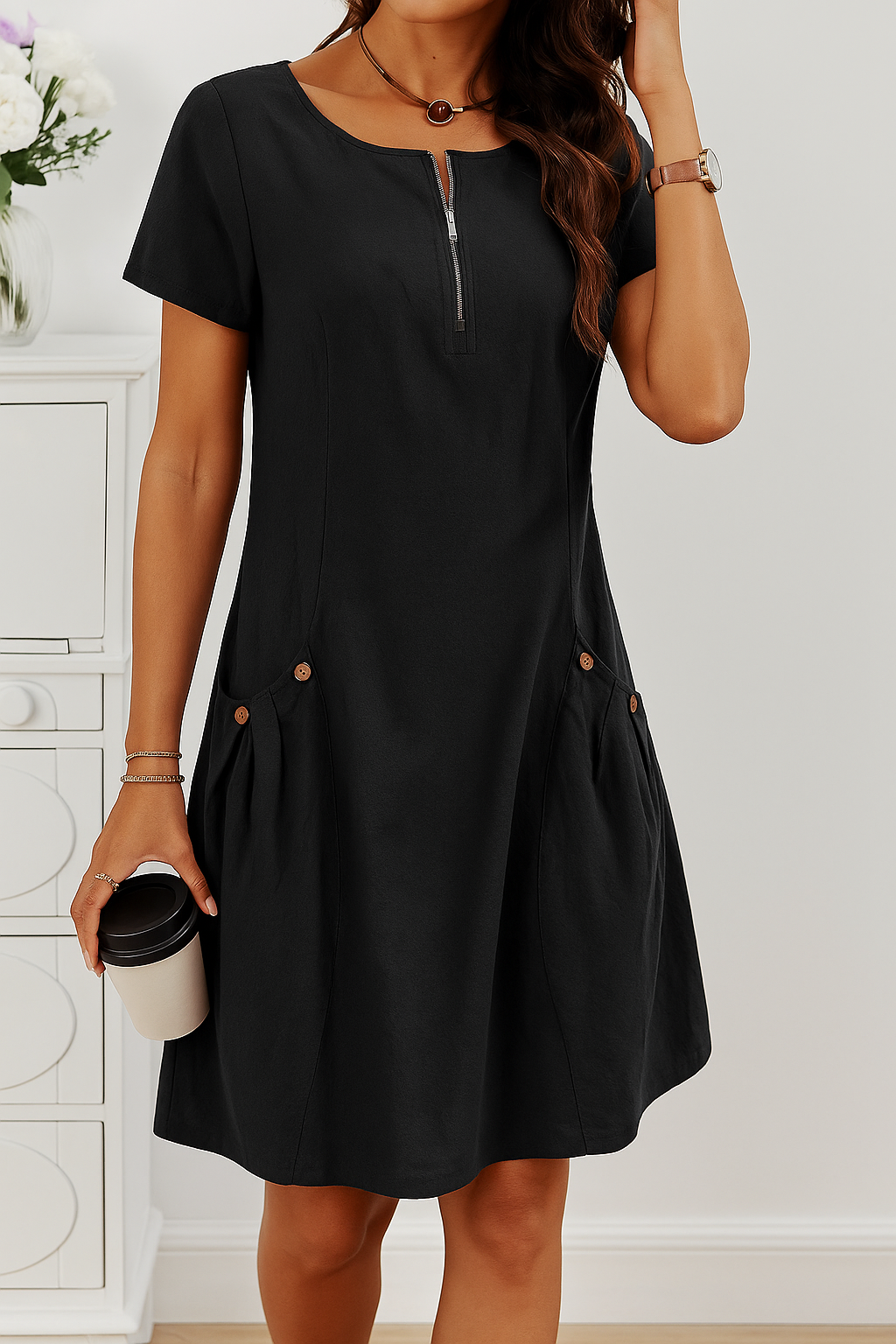 Rudina - Elegantes Kurzärmeliges Baumwollkleid Mit Taschen 5