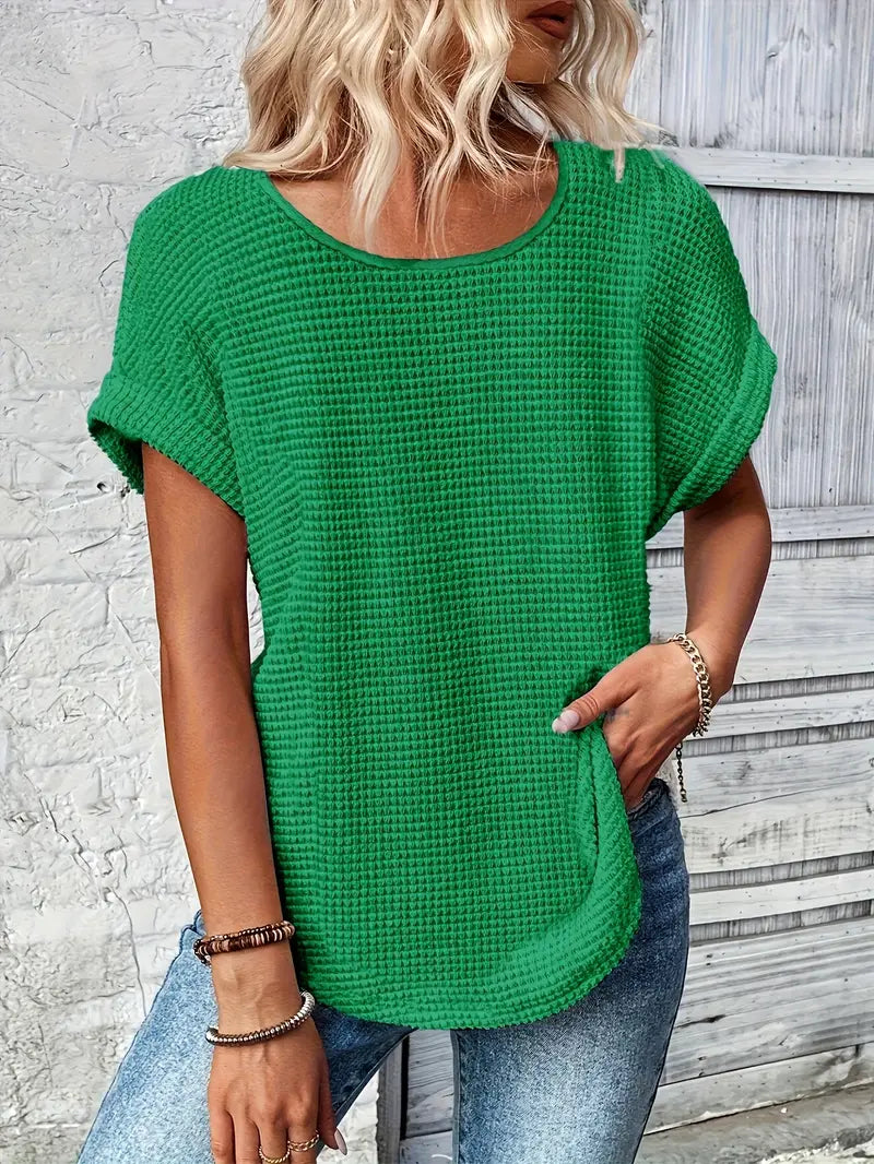 Rundhals T Shirt Damen | Waffelstrick-Oberteil mit Lässigem Schnitt