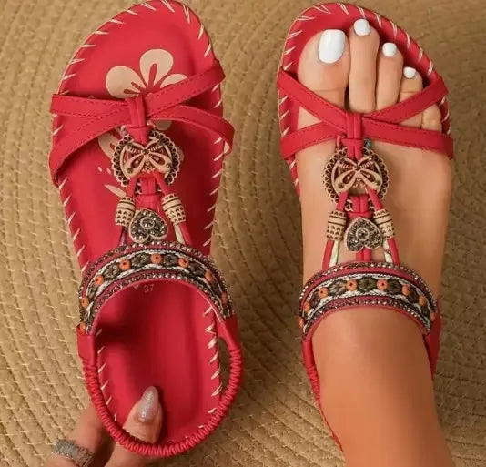 Sandalen Damen | Boho-Stil mit Perlen & Flacher Sohle