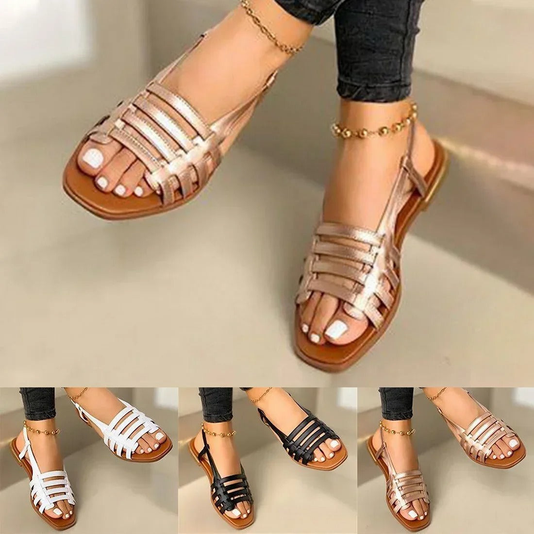 Sandalen Damen Flach | Römer-Riemchen & Metallic-Look
