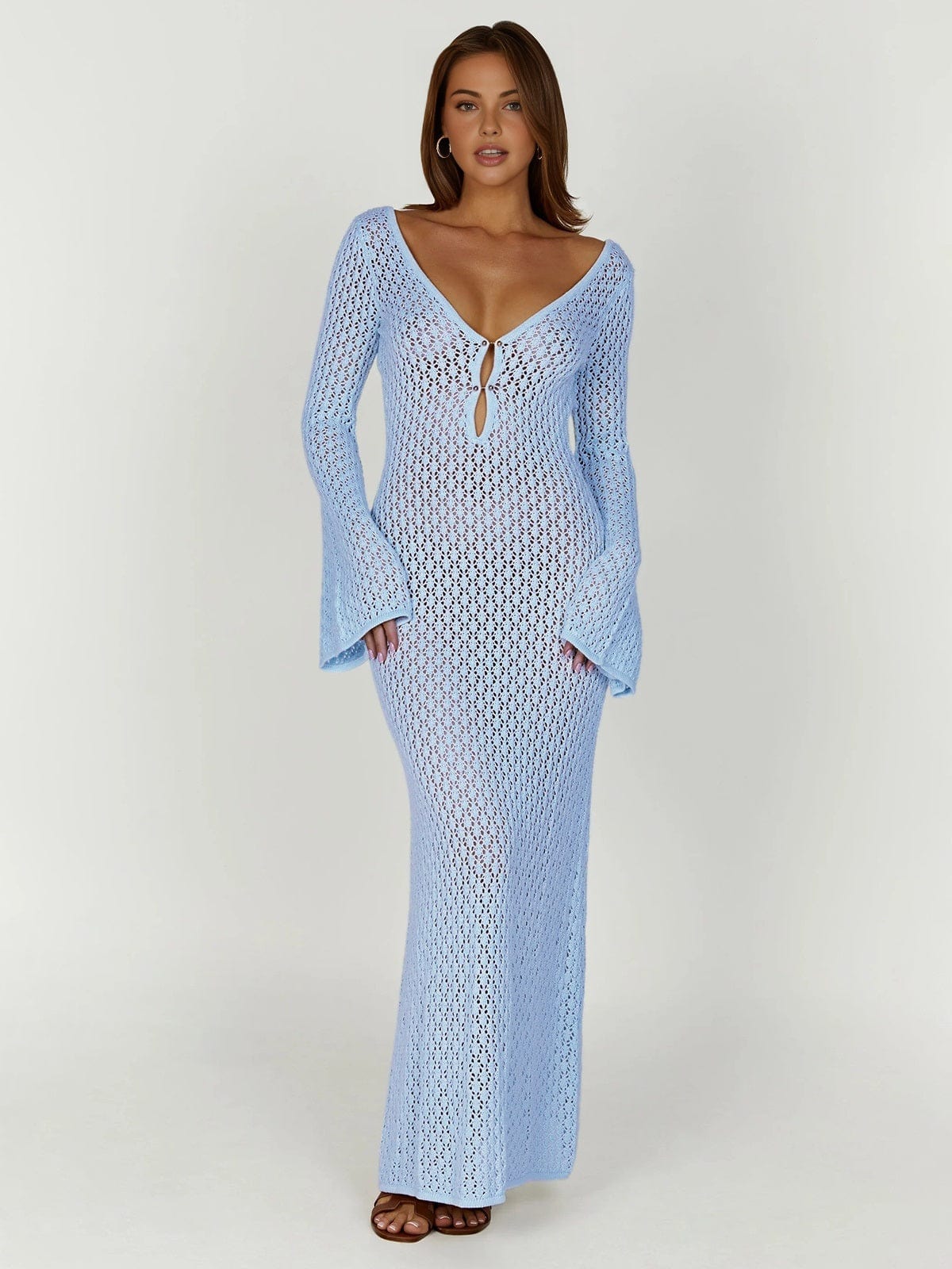 Sommer Kleid Damen | Häkel-Maxi & Glockenärmel mit V-Ausschnitt