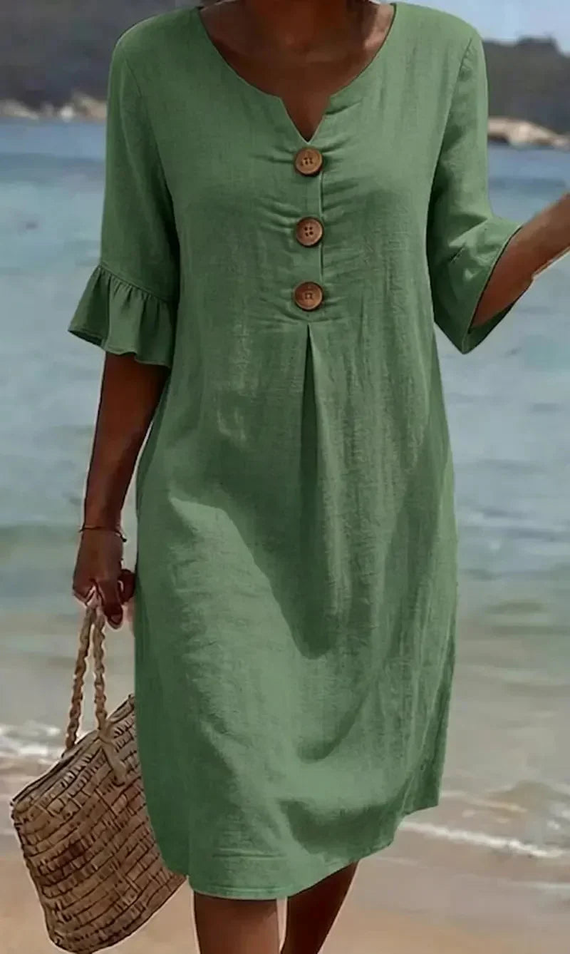 Sommer Midi Kleid Damen | Leinenlook mit Holzknöpfen & Rüschenärmeln