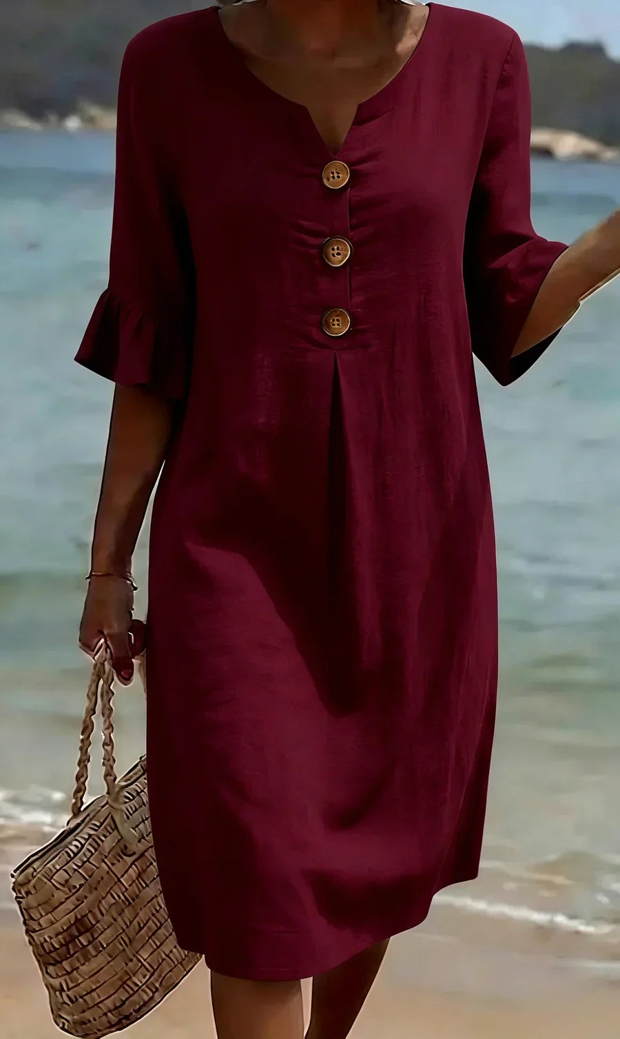 Sommer Midi Kleid Damen | Leinenlook mit Holzknöpfen & Rüschenärmeln