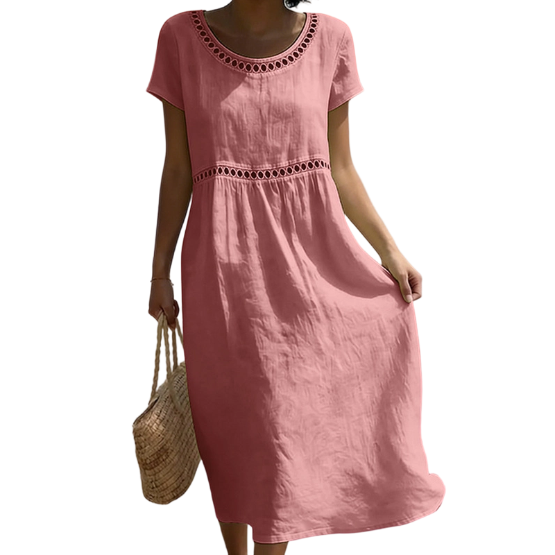 Sommer Midi Kleid Damen | Leinenlook mit Spitzenbesatz & A-Linie