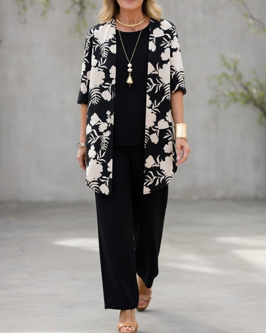 Sommer Set Damen | 3-Teiliges Outfit mit Kimono & Weitem Bein