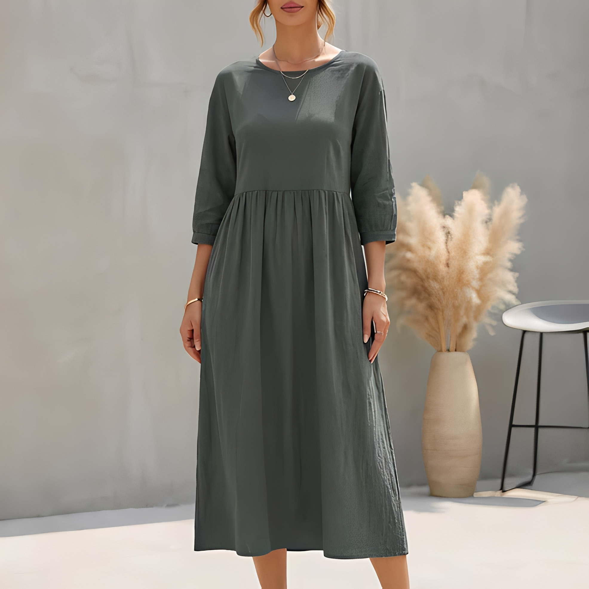 Sommerkleid Midi Damen | Empire-Taille, 3/4-Arm & Seitentaschen