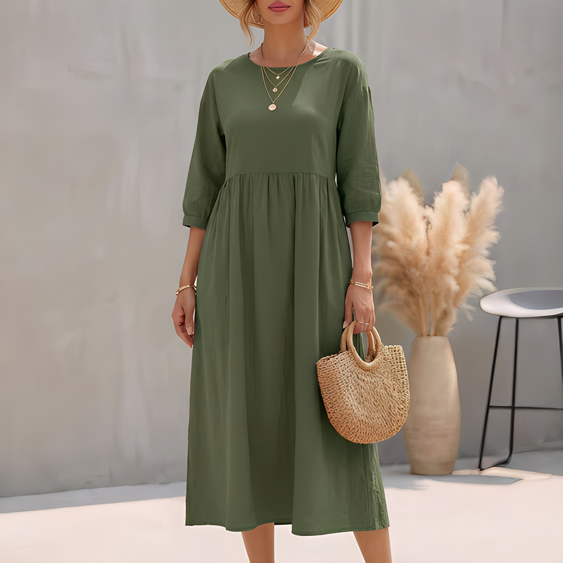 Sommerkleid Midi Damen | Empire-Taille, 3/4-Arm & Seitentaschen