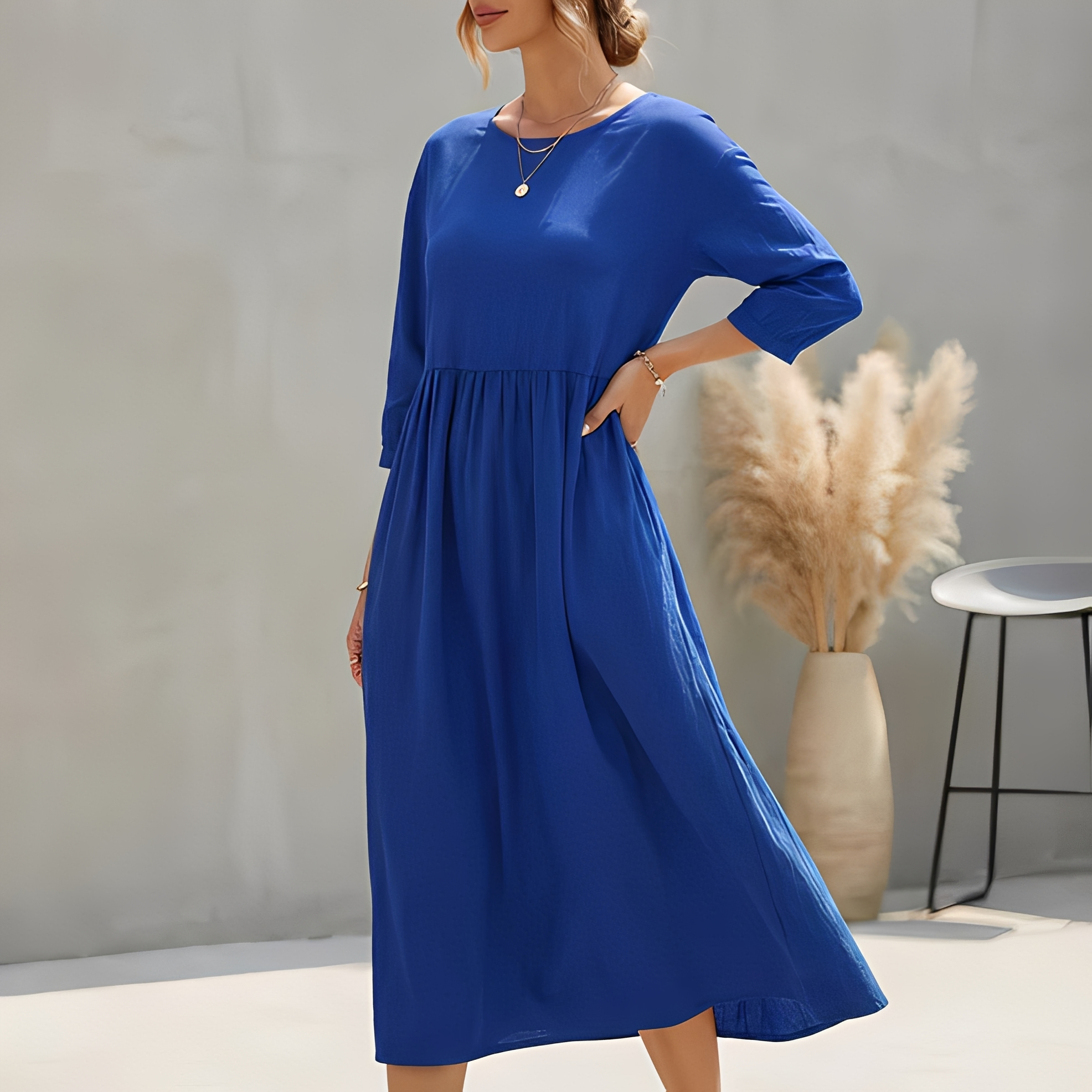 Sommerkleid Midi Damen | Empire-Taille, 3/4-Arm & Seitentaschen