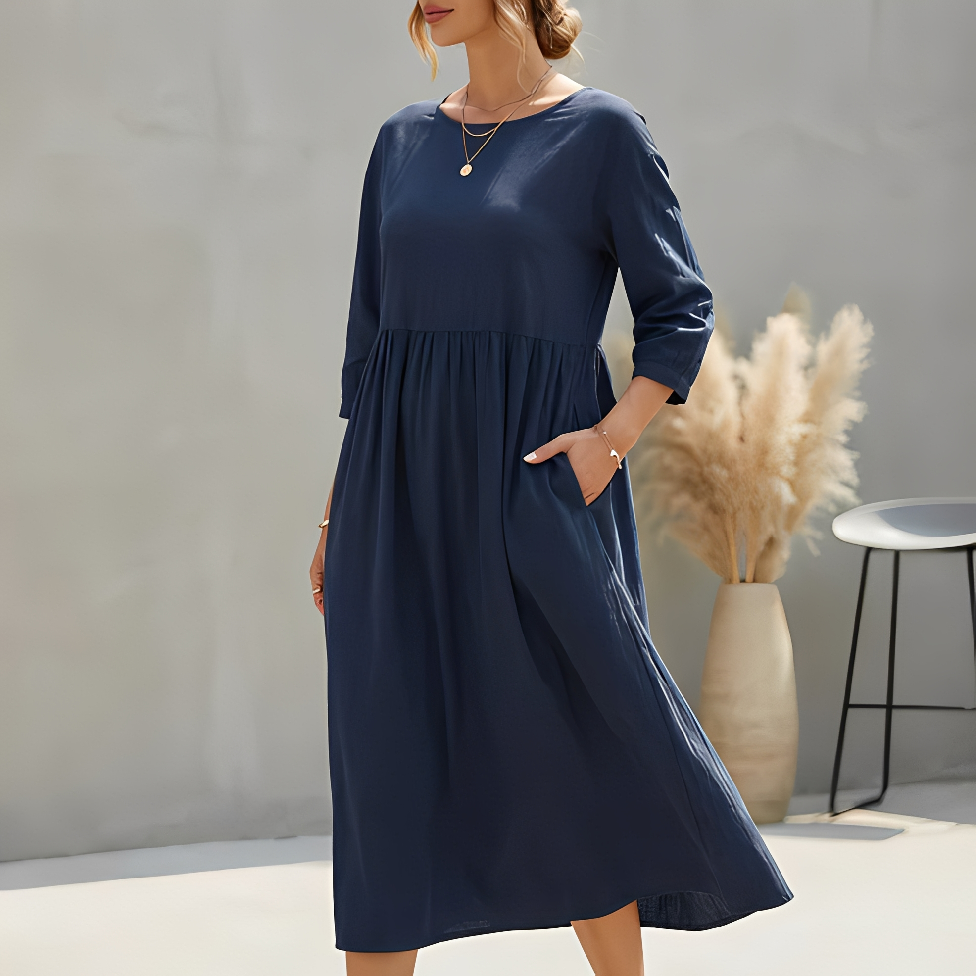 Sommerkleid Midi Damen | Empire-Taille, 3/4-Arm & Seitentaschen