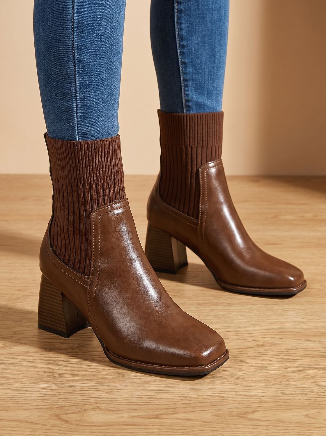 Stiefeletten Damen | Blockabsatz mit Strickschaft
