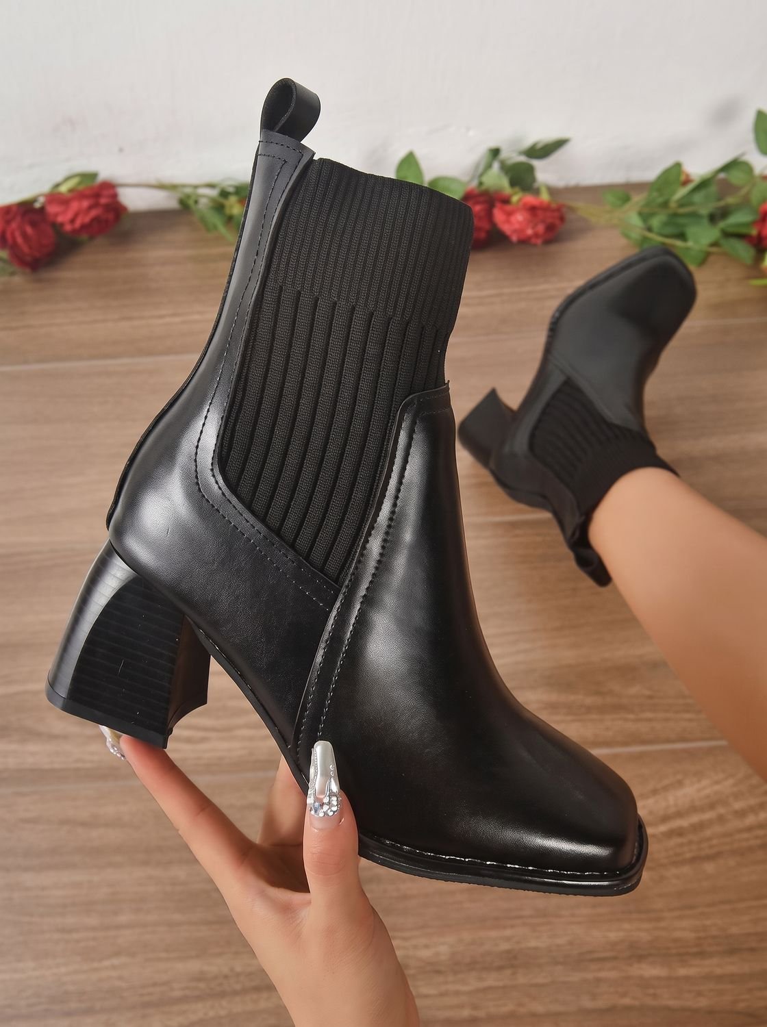 Stiefeletten Damen | Blockabsatz mit Strickschaft