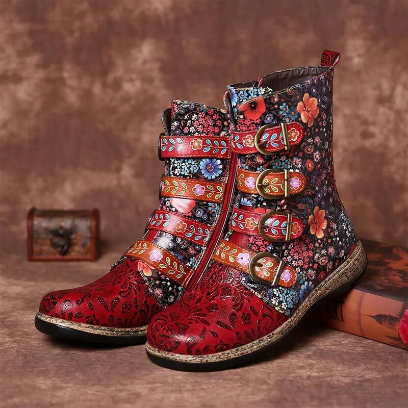Stiefeletten Damen | Floral & Schnallen-Design