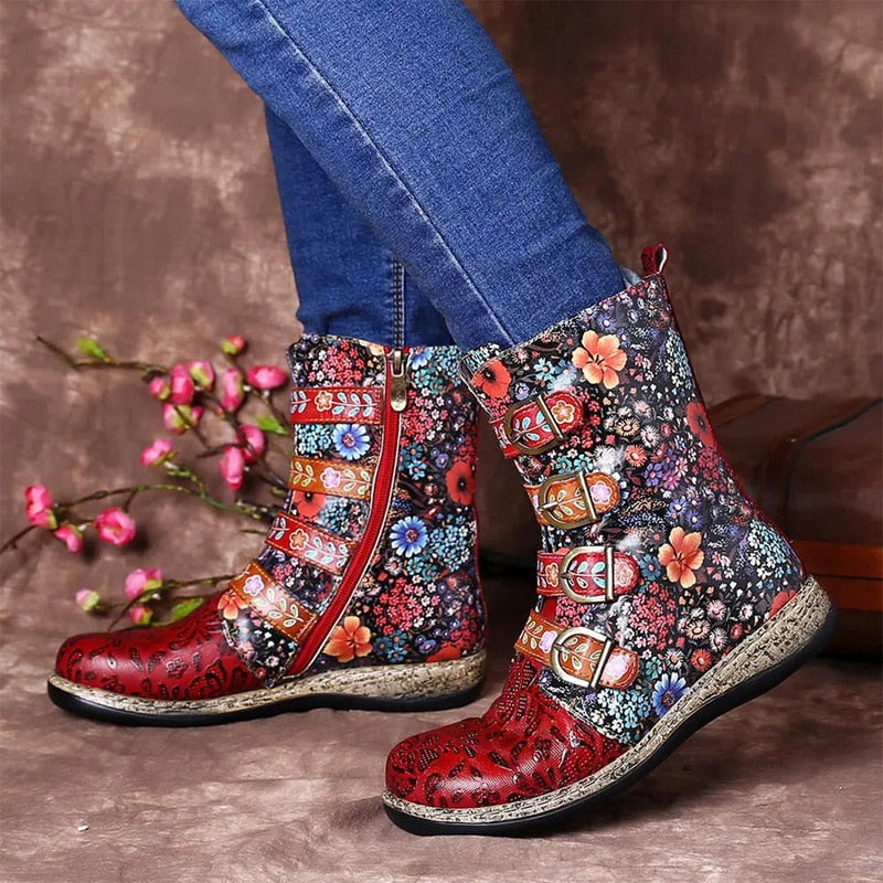 Stiefeletten Damen | Floral & Schnallen-Design