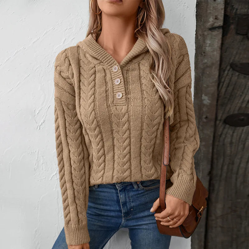 Damen-Hoodie aus Strick mit Knopf-Ausschnitt und lässiger Passform - J&B - 1 - Annoboutique