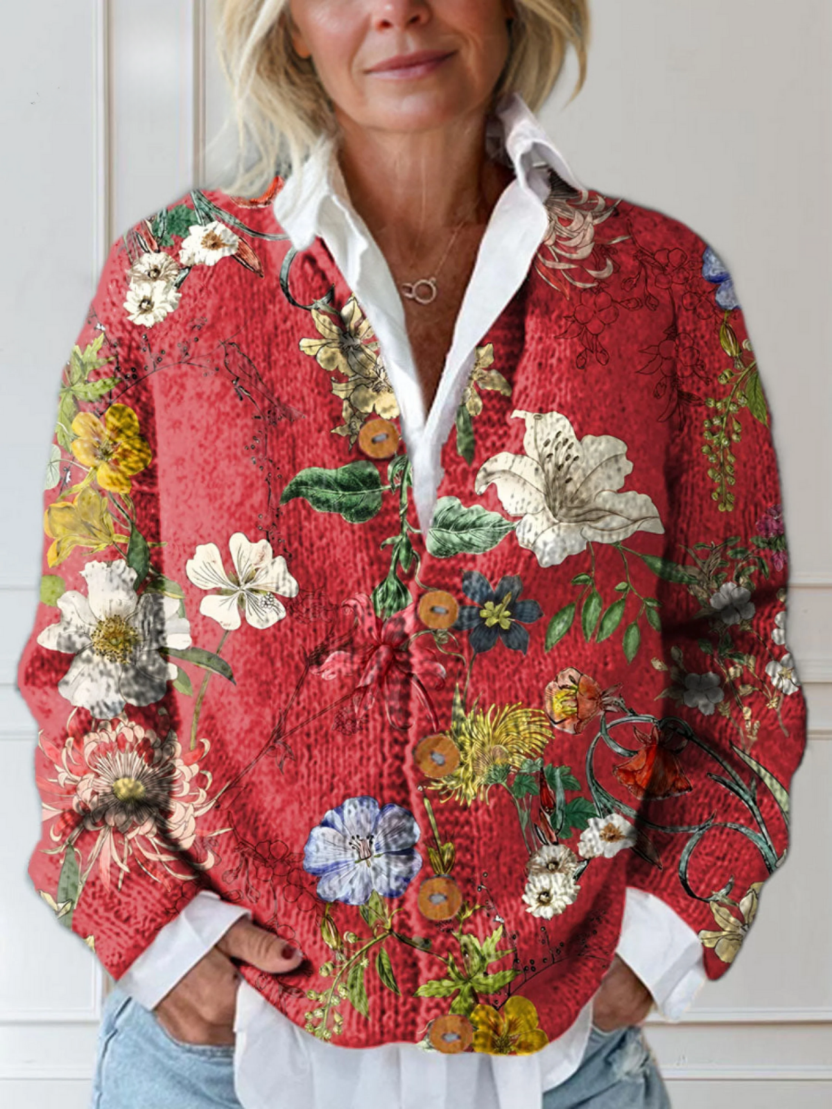 Damen-Strickjacke mit floralem Muster in lässiger Passform - J&B - 1 - Annoboutique