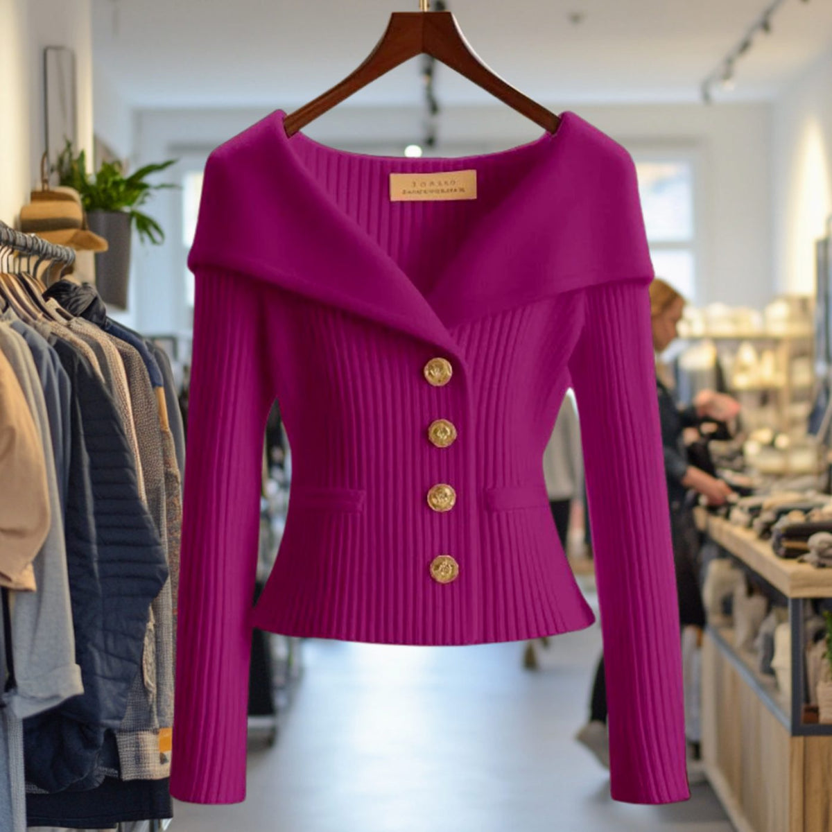 Strickjacke Damen | Off-Shoulder mit Goldknöpfen