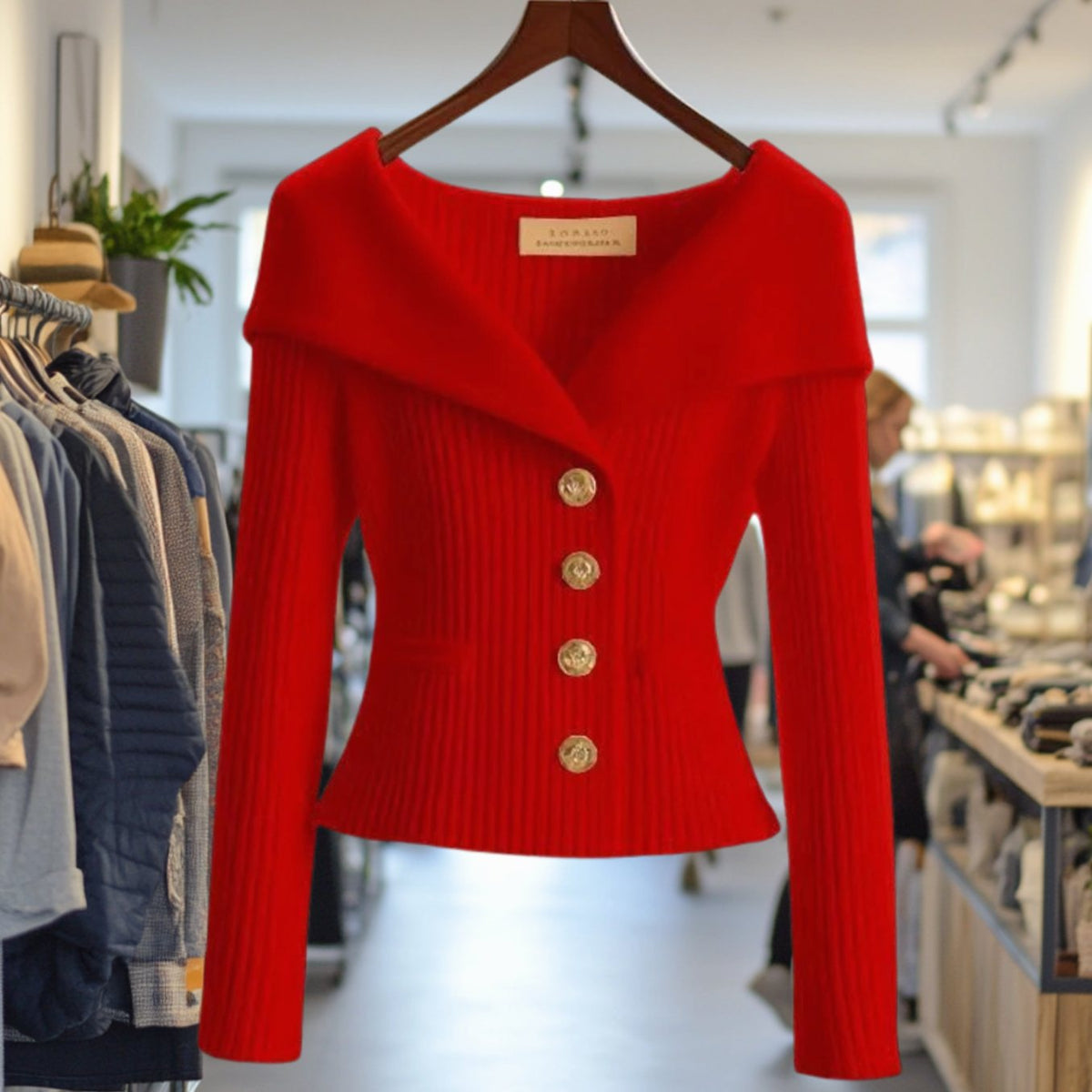 Strickjacke Damen | Off-Shoulder mit Goldknöpfen