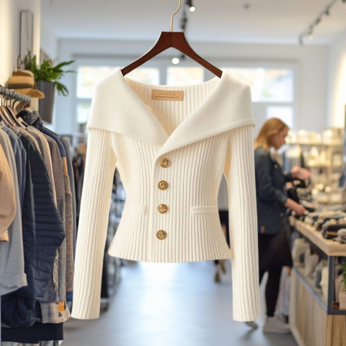 Strickjacke Damen | Off-Shoulder mit Goldknöpfen