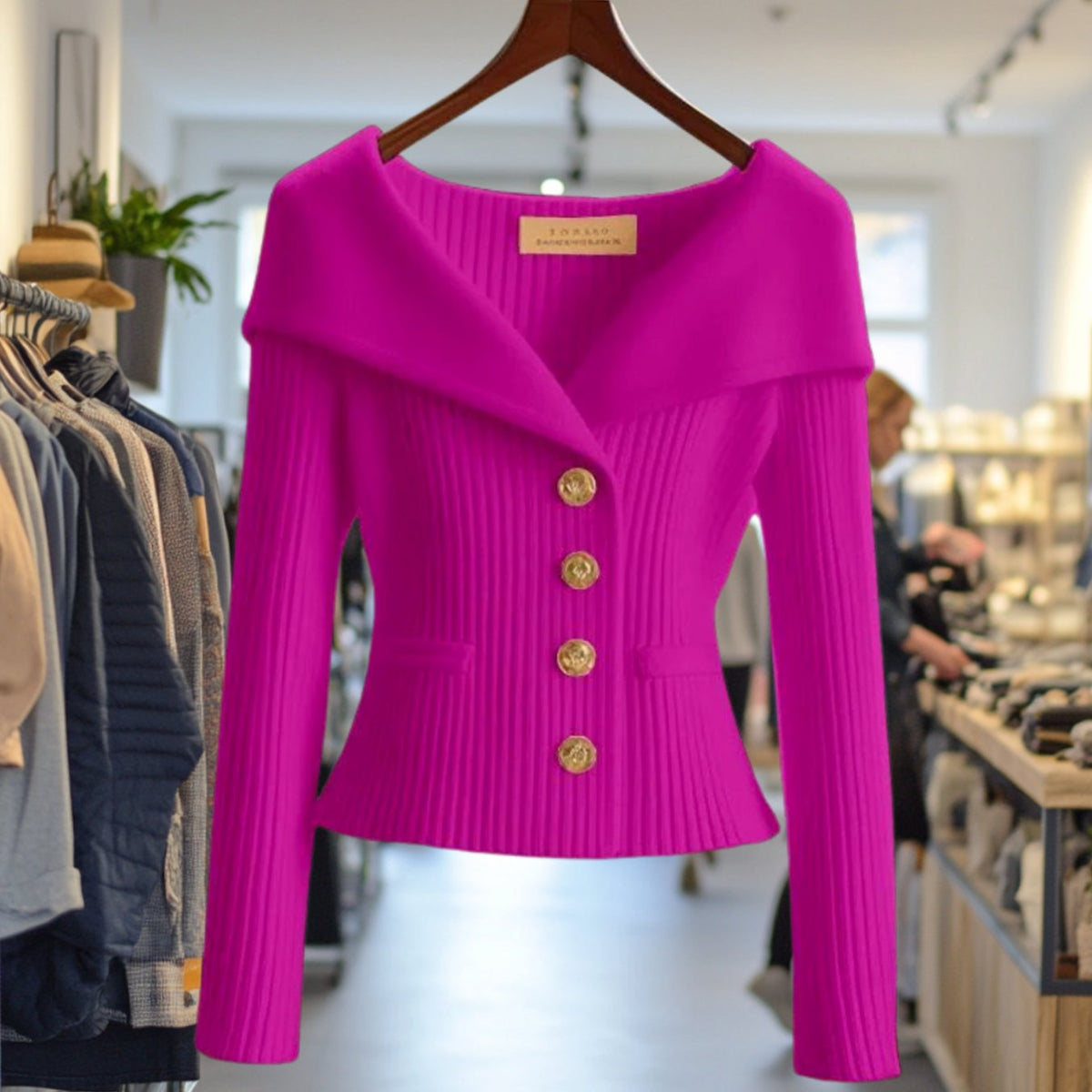 Strickjacke Damen | Off-Shoulder mit Goldknöpfen