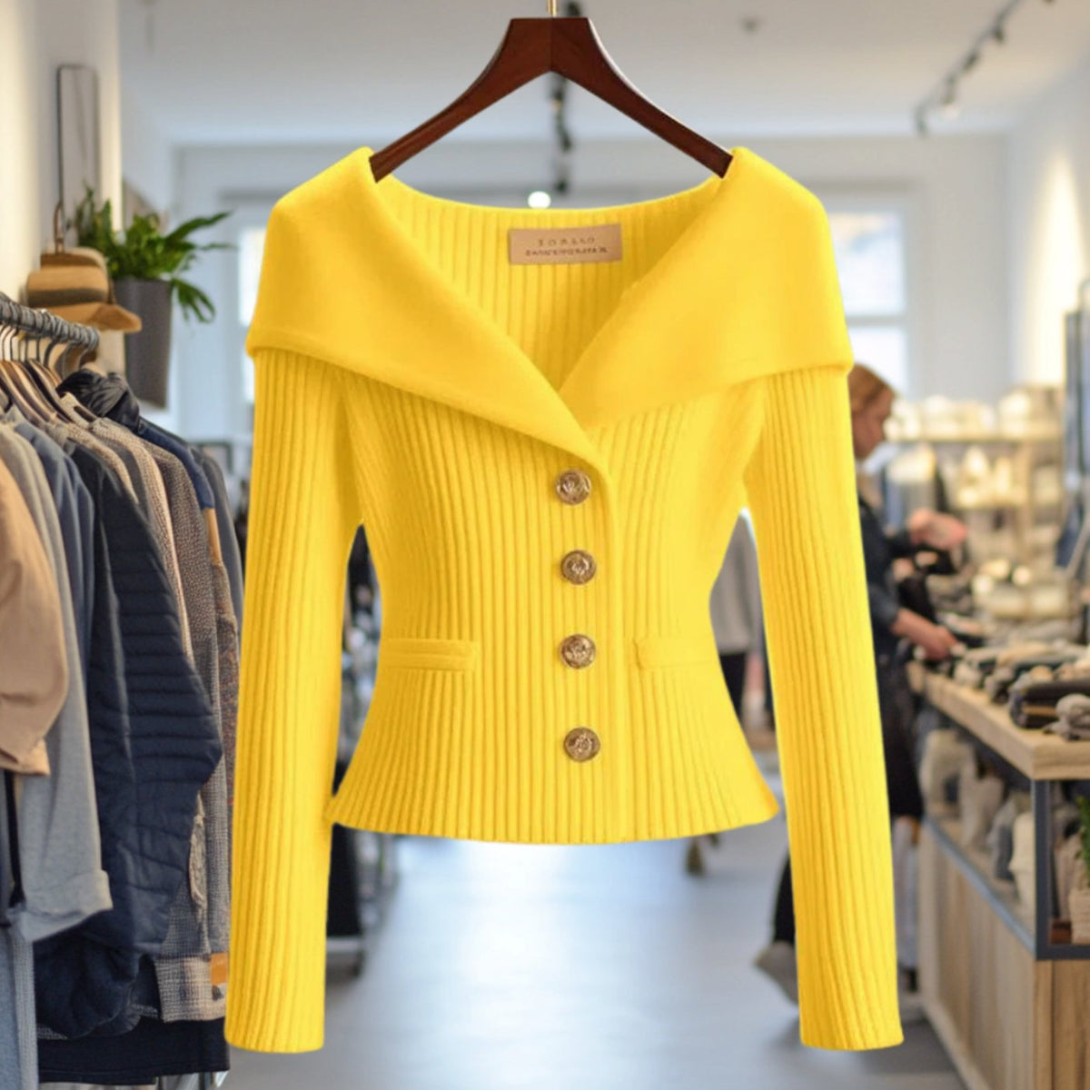 Strickjacke Damen | Off-Shoulder mit Goldknöpfen