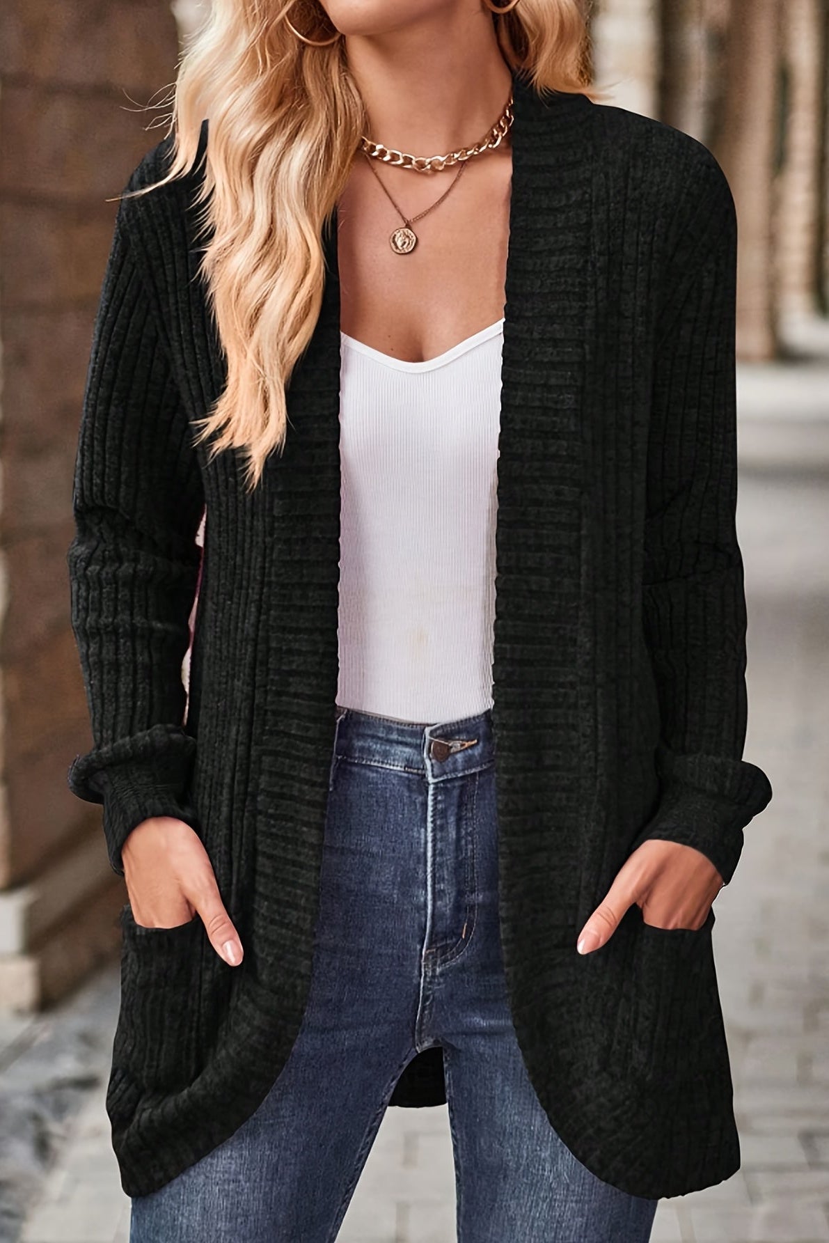 Strickjacke Damen lang | Offene Front & Taschen 1