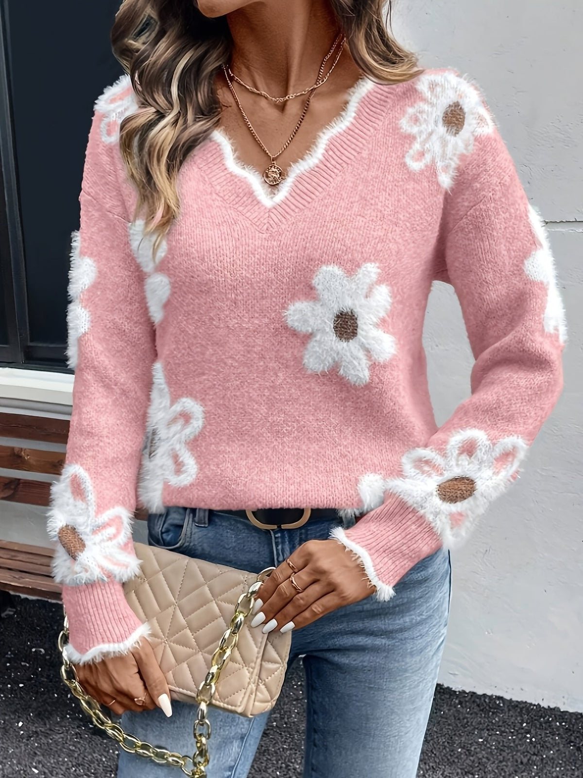 Strickpullover Damen | Blumenmuster & V-Ausschnitt