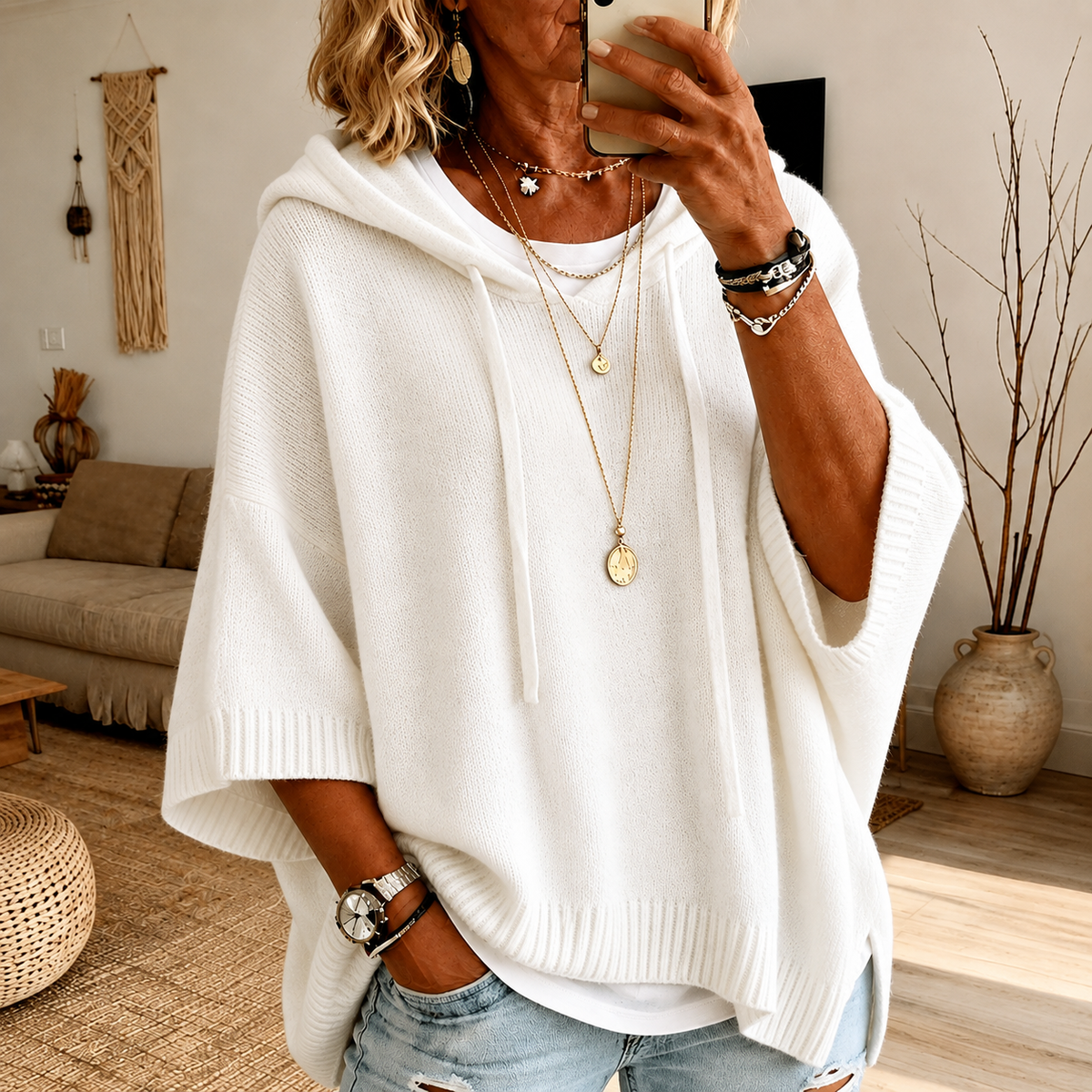 Strickpullover Damen | Kapuze & Ponchoschnitt