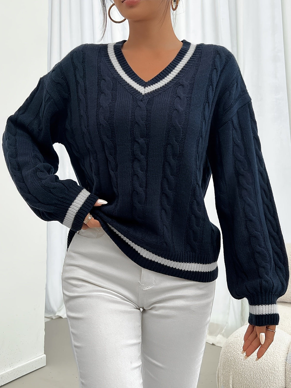Strickpullover Damen | Zopfmuster & V-Ausschnitt