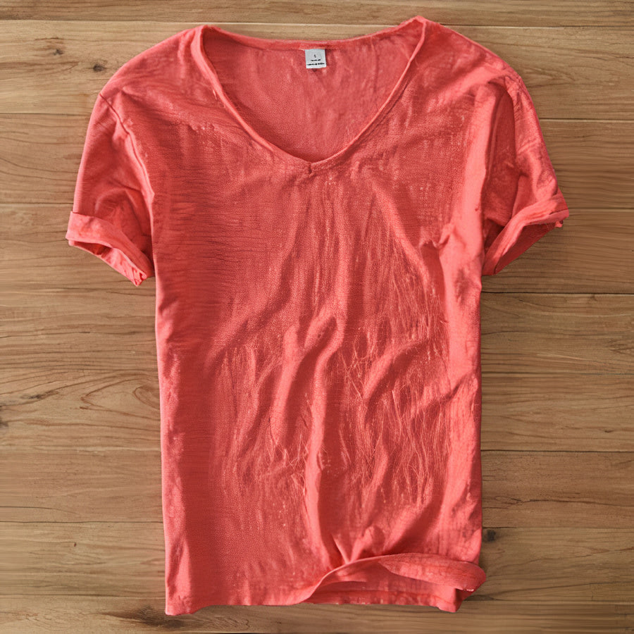 T-Shirt Herren | V-Ausschnitt Leinen-Look Basic Slim Fit Kurzarm