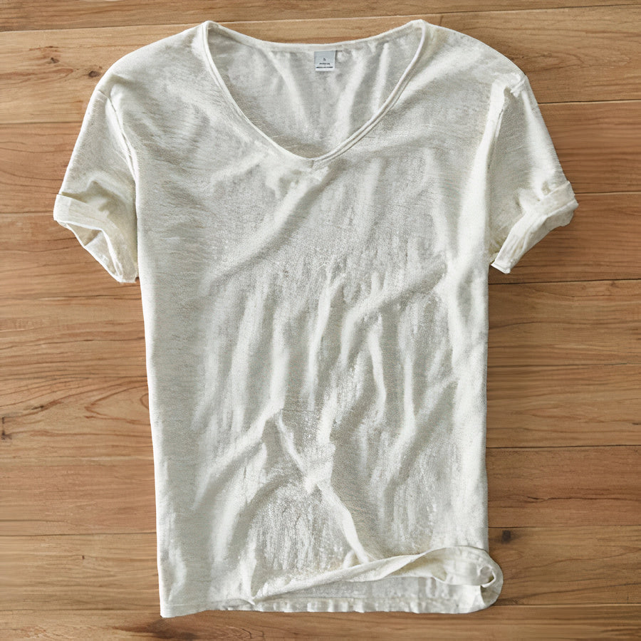 T-Shirt Herren | V-Ausschnitt Leinen-Look Basic Slim Fit Kurzarm