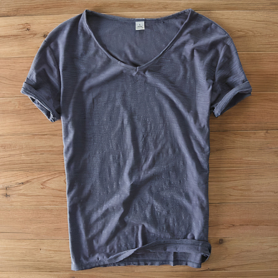 T-Shirt Herren | V-Ausschnitt Leinen-Look Basic Slim Fit Kurzarm