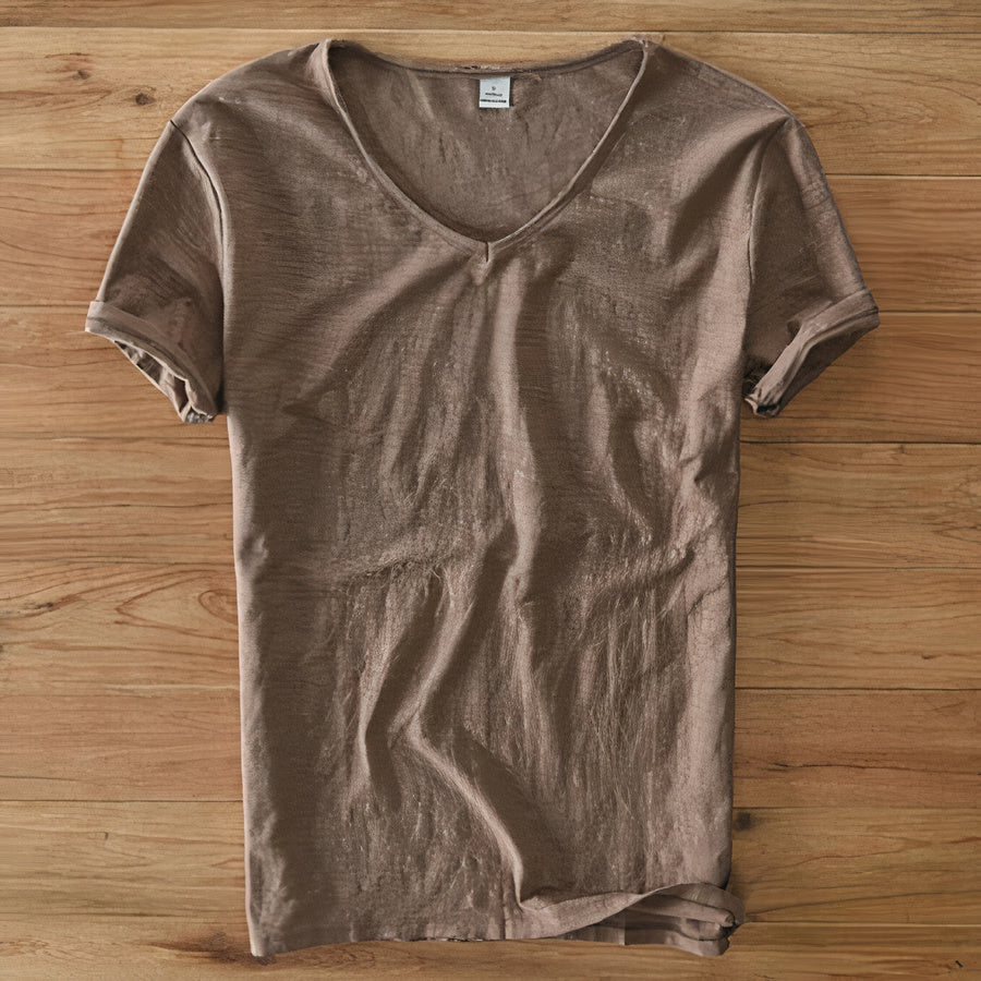 T-Shirt Herren | V-Ausschnitt Leinen-Look Basic Slim Fit Kurzarm