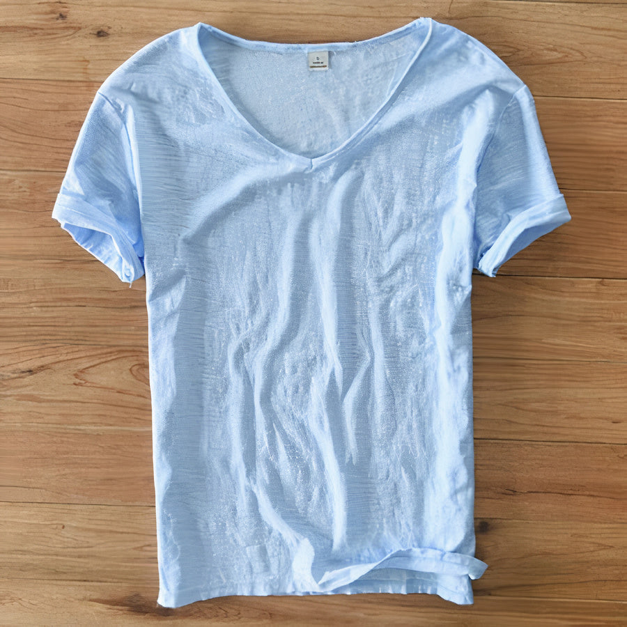 T-Shirt Herren | V-Ausschnitt Leinen-Look Basic Slim Fit Kurzarm