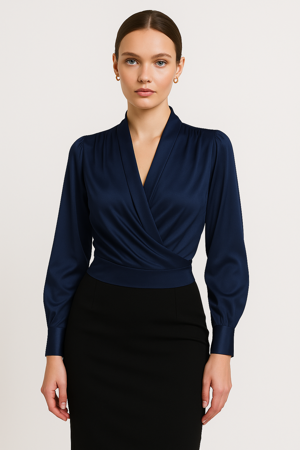 Top Damen | Drapierter V-Ausschnitt & Langarm