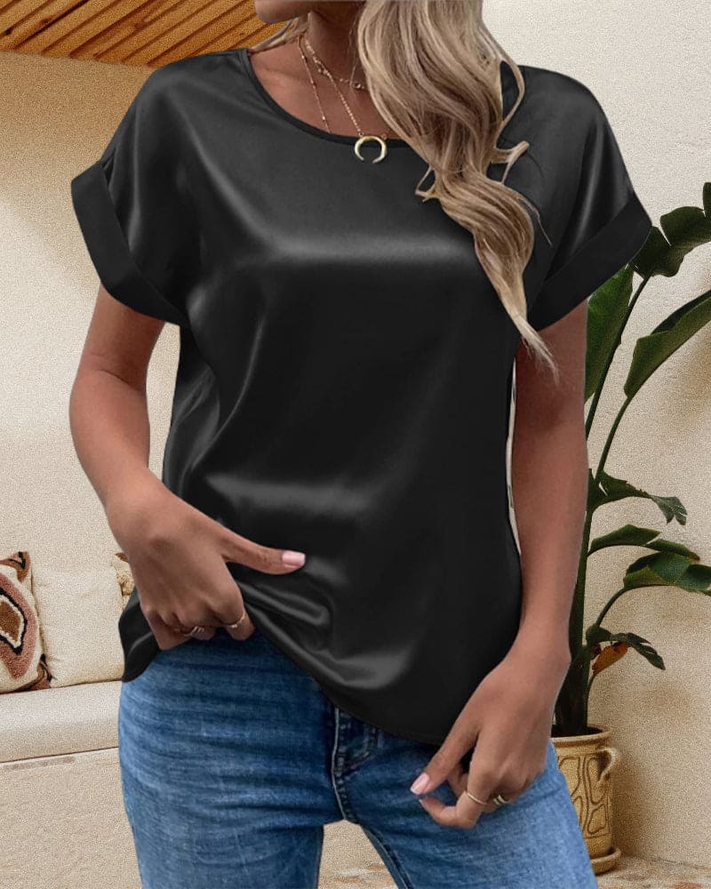 Top Damen | Kurzarm Satin-Bluse mit Rundhalsausschnitt