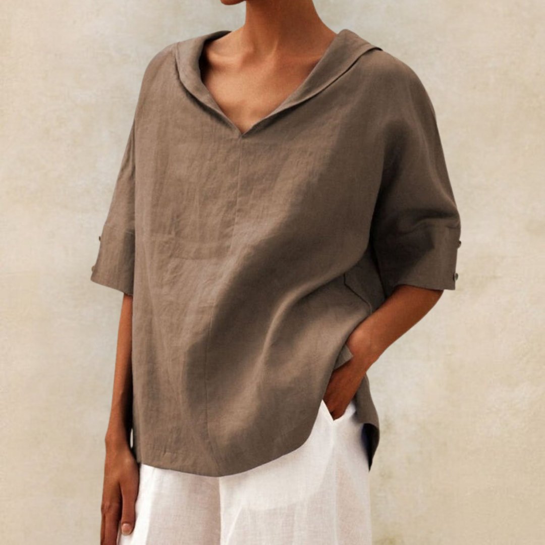 Top Damen | Lässiges Oversized-Kurzarm mit V-Ausschnitt & Umlegekragen