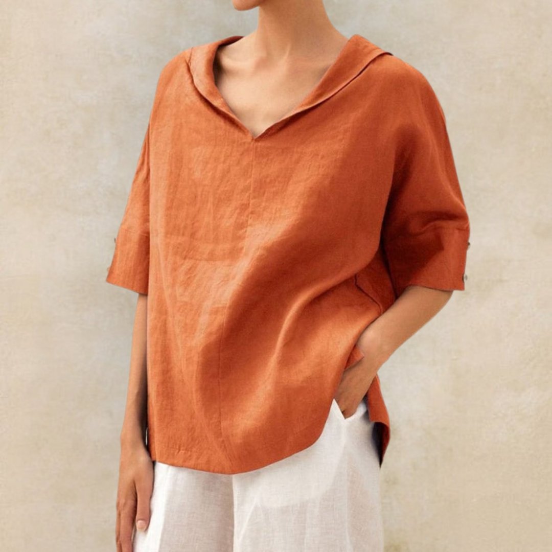 Top Damen | Lässiges Oversized-Kurzarm mit V-Ausschnitt & Umlegekragen