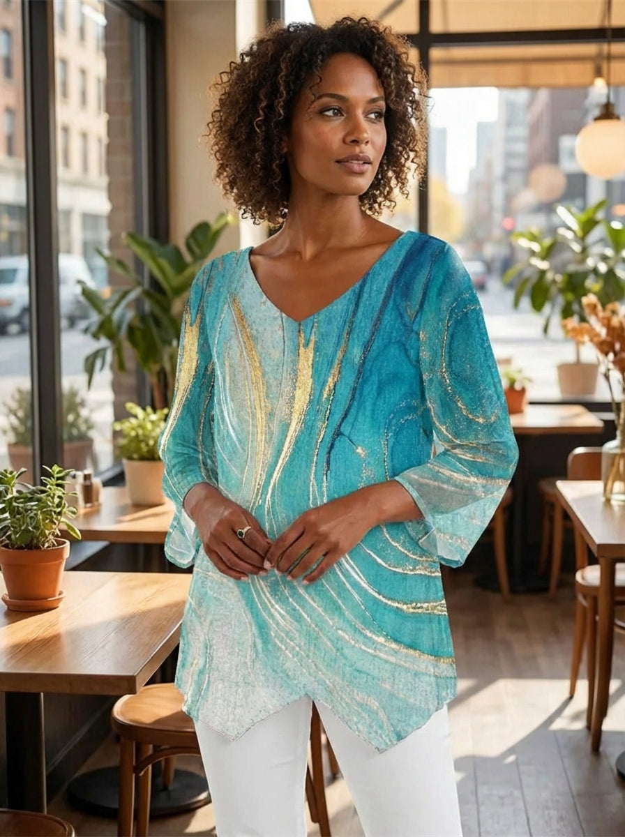 Top Damen | Marmor-Print & Asymmetrischer Saum