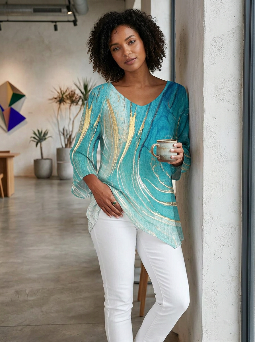 Top Damen | Marmor-Print & Asymmetrischer Saum