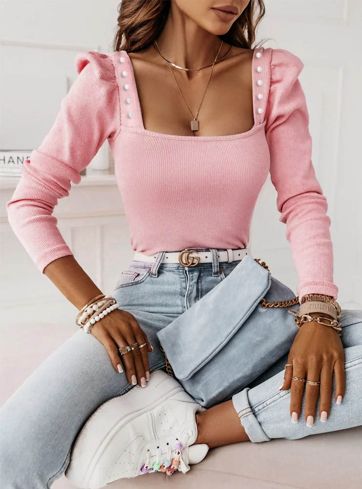 Top Damen | Square-Neck & Perlknöpfen mit Puffärmeln
