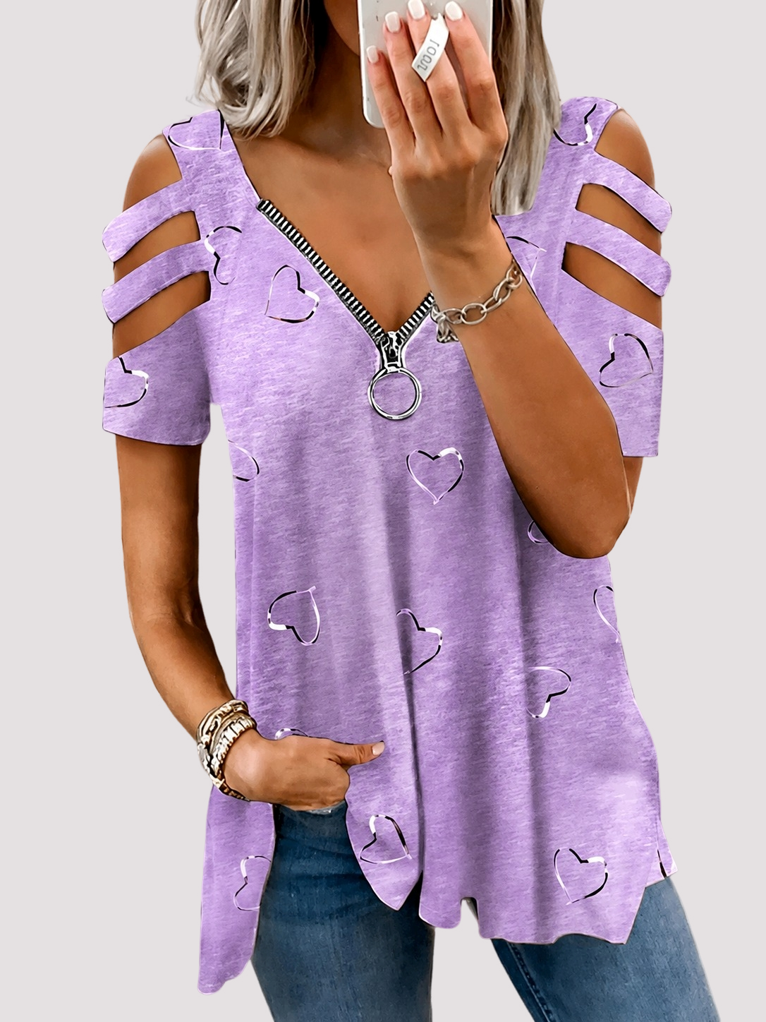 Top Damen mit Cut-Out-Ärmeln | Herzprint & Reißverschluss-Ausschnitt