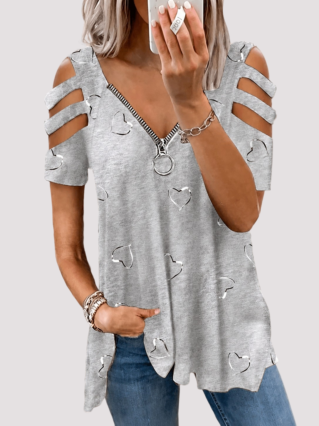 Top Damen mit Cut-Out-Ärmeln | Herzprint & Reißverschluss-Ausschnitt
