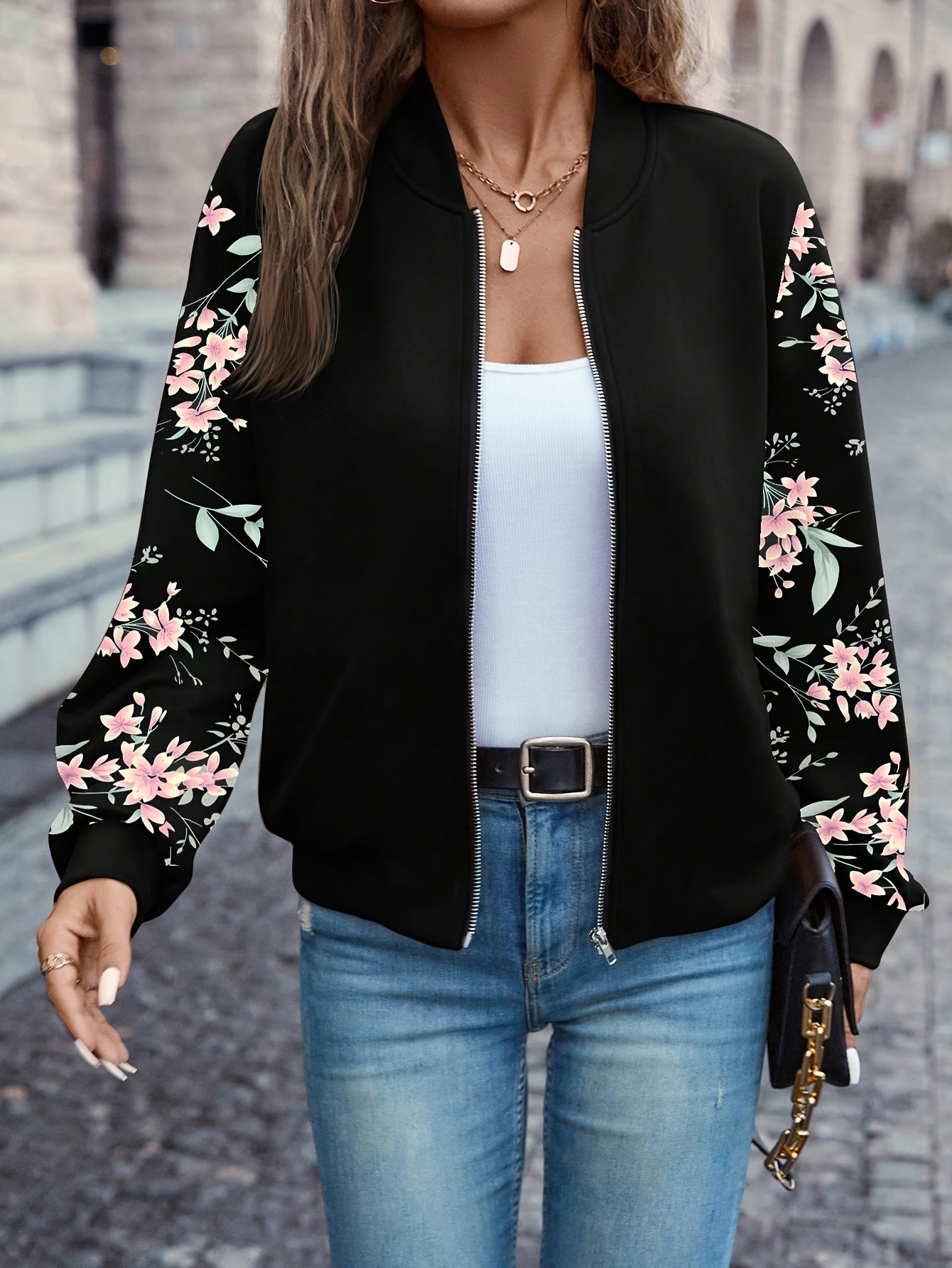 Übergangsjacke Damen | Bomberjacke Damen | Blumenprint-Ärmel & Zipper für schnellen Style