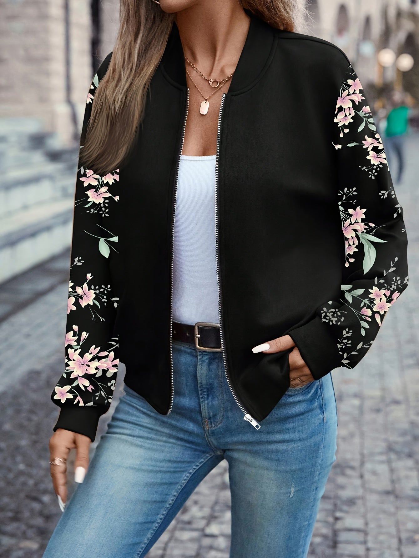 Übergangsjacke Damen | Bomberjacke Damen | Blumenprint-Ärmel & Zipper für schnellen Style