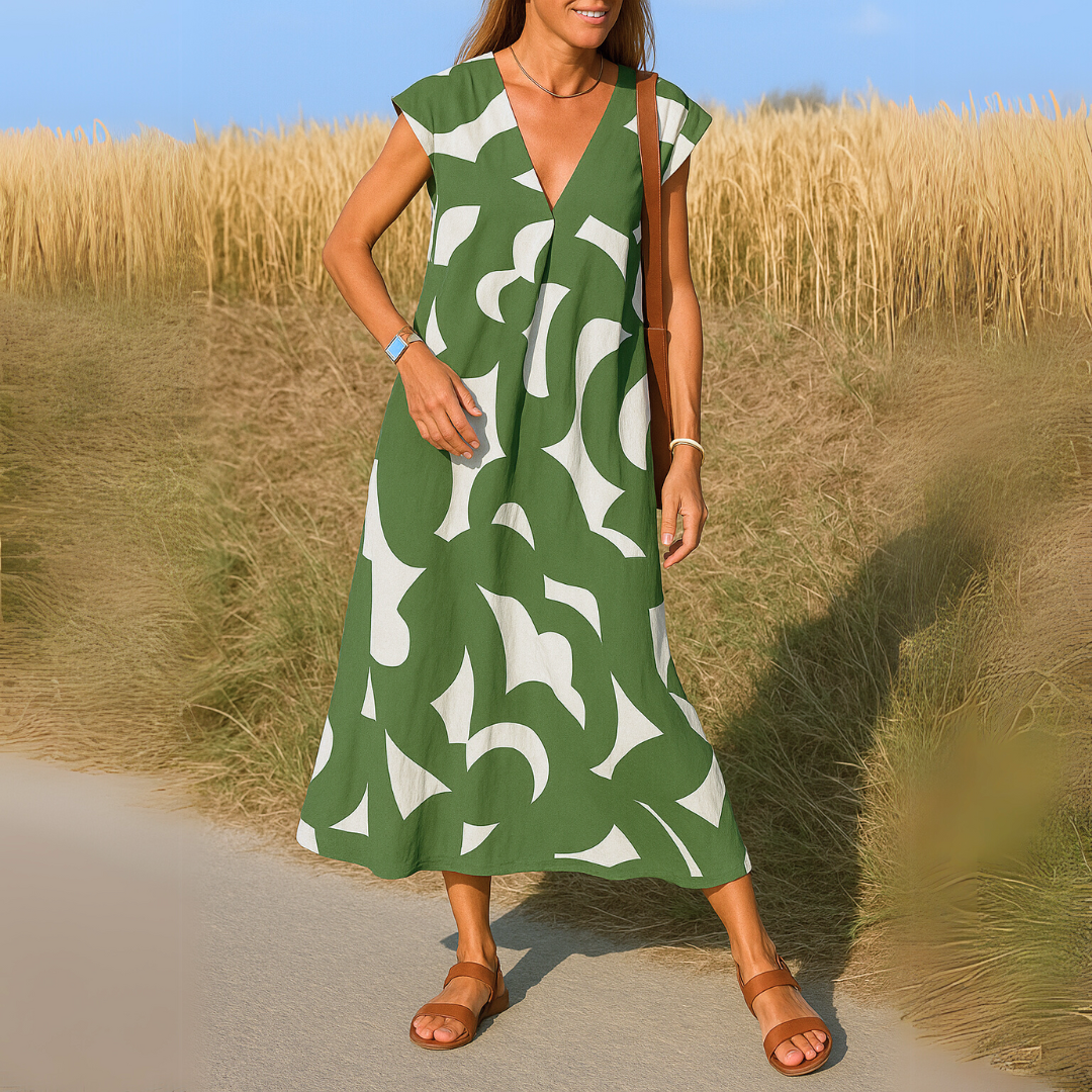 V Ausschnitt Kleid Damen | Grafischer Print & Femininer A-Linie-Schnitt