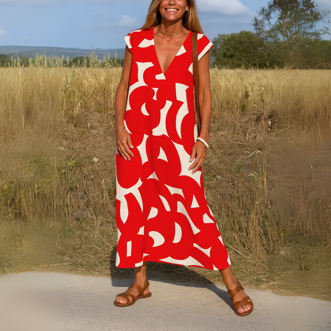 V Ausschnitt Kleid Damen | Grafischer Print & Femininer A-Linie-Schnitt