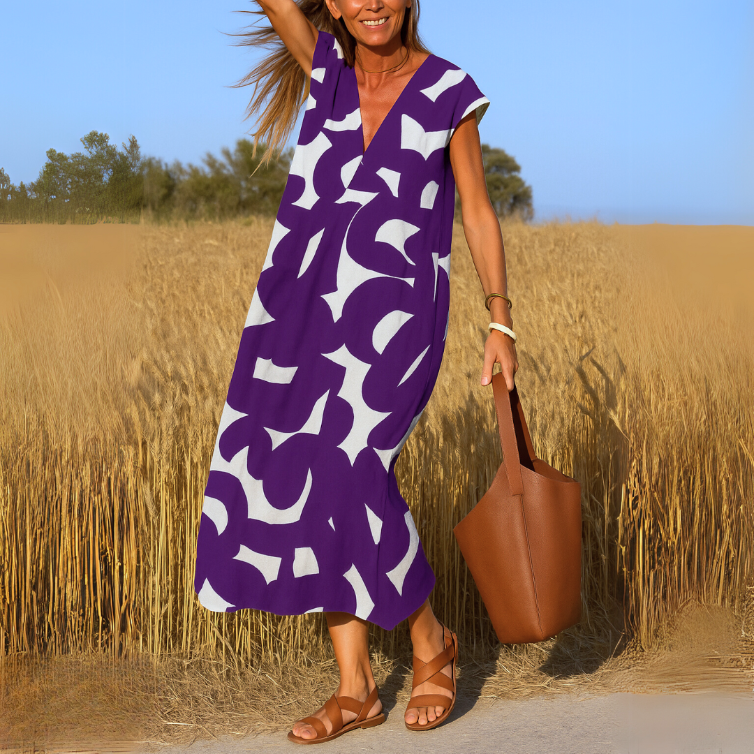 V Ausschnitt Kleid Damen | Grafischer Print & Femininer A-Linie-Schnitt